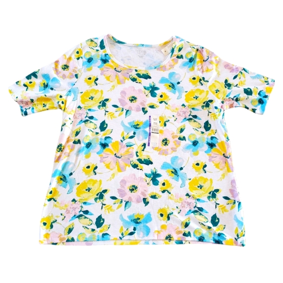 Time and Tru NWT Plus Size Scoop Neck Elbow Length Multi Colored Floral Top 719 - Picture 1 of 6